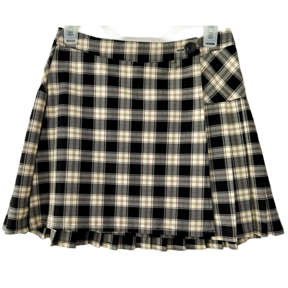 [NWOT] Plaid beige/black pleated wrap mini skirt